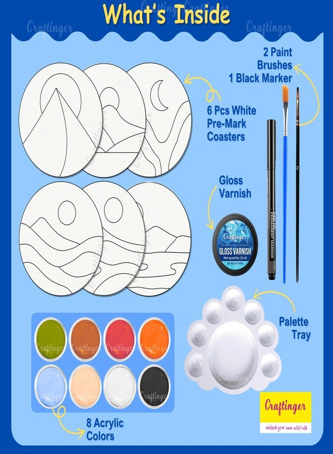 Craftinger مجموعة كرافتينجر لرسم قواعد الأكواب بتصميم شروق الشمس البوهيمي للأطفال | مجموعة رسم يدوية مع 6 قواعد أكواب مُعلّمة مسبقًا، و8 ألوان أكريليك، وفرش، وورنيش لامع | مجموعة هدايا فنية وحرفية ممتعة وإبداعية للأولاد والبنات - Image 2